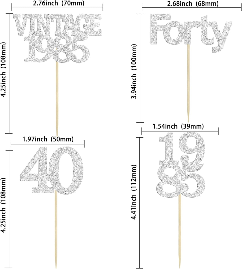 Gyufise 24Pcs Happy 40th Birthday Cupcake Toppers Glitter Forty 40 Fabulous Vintage 1985 Cake Toppers for 40th Birthday Wedding Anniversary Party Cake Decorations Supplies Silver