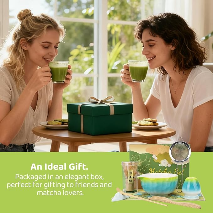 8PCS Matcha Whisk Set, Ceramic Matcha Tea Set Includes Matcha Bowl with Spout, Holder, Bamboo Whisk, Spoon, Sifter, Tea Cloth, Scoop and Scoop Stand (Hammered Gradient Green and Blue)