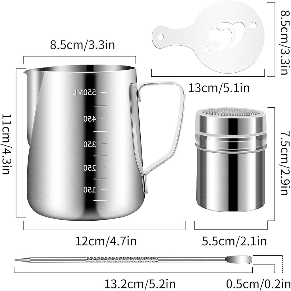 Stainless Steel Milk Frothing Pitcher 20oz/600ml for Milk Cappuccino Coffee Stencils Latte Art, Milk Jug Cup with Decorating Art Pen, Powder Shaker, 16 Pieces Coffee Decorating Stencils