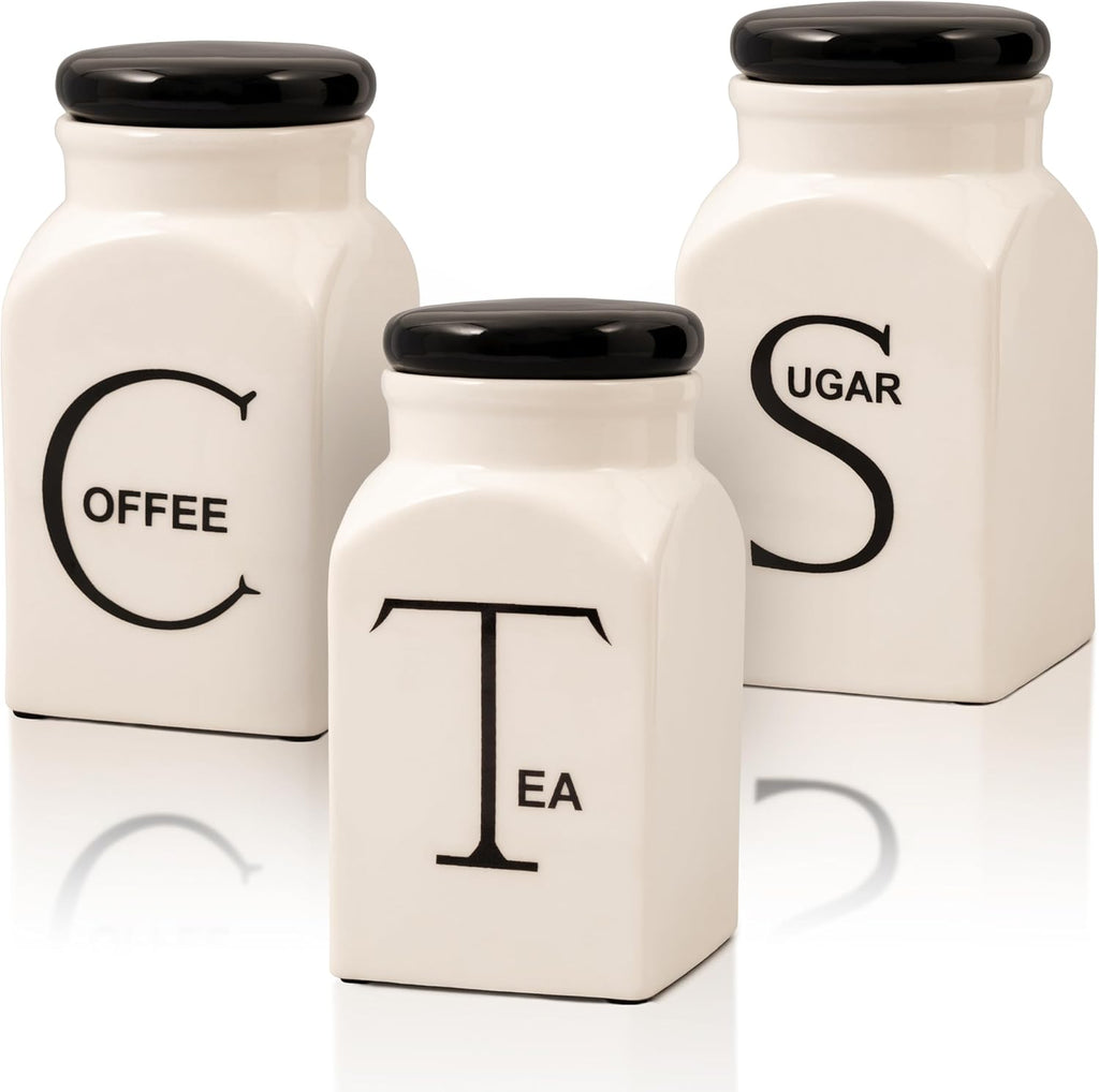 Ceramic Canister Set of 3 – Small Kitchen Canisters for Sugar, Coffee & Tea – Airtight Food Containers with Lids – Coffee Canister, Sugar Container, Tea Set