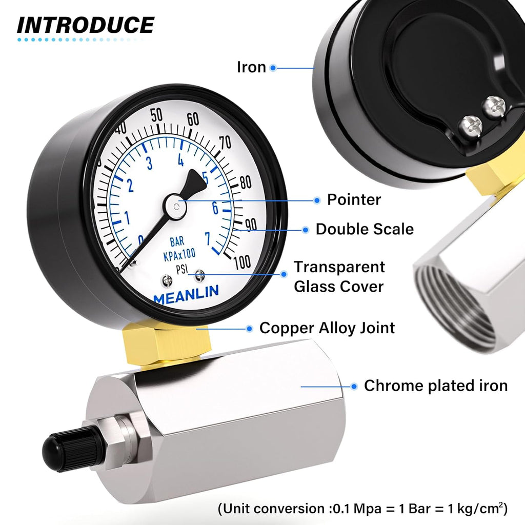 MEANLIN MEASURE 0-100Psi 2" Steel Double Graduated Air Test Pressure gauges, 3/4" FNPT Connection, -3-2-3% Accuracy