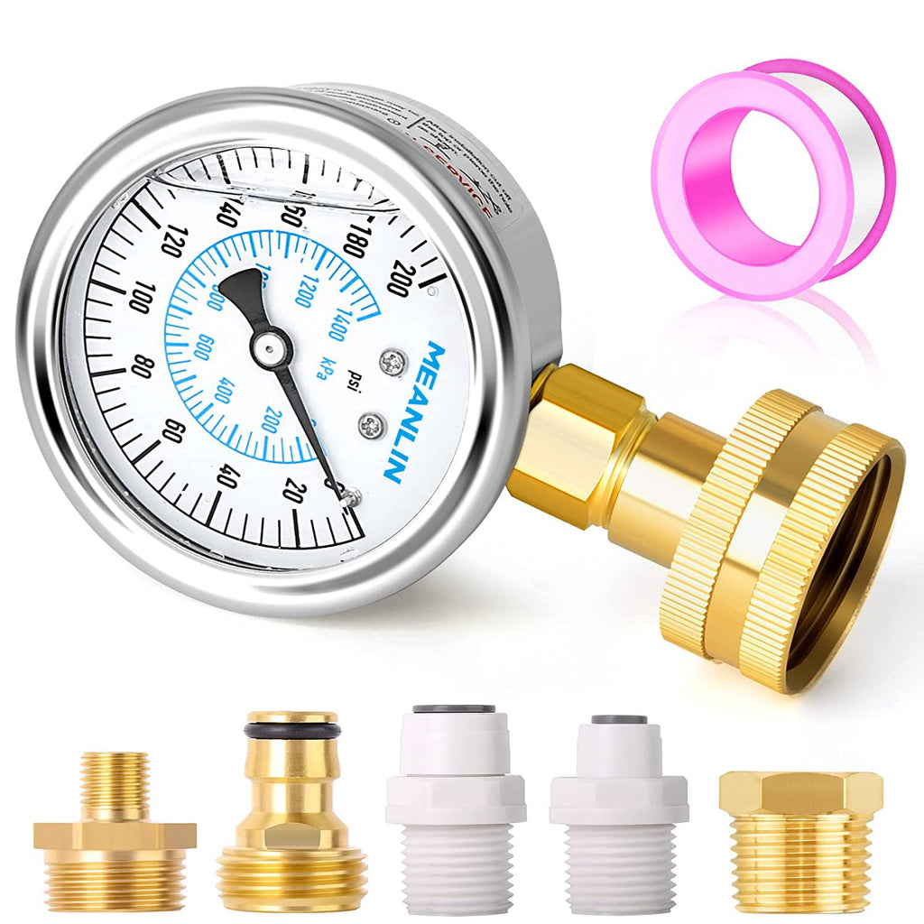MEANLIN MEASURE 0~200Psi Stainless Steel Frame 3/4" Female Liquid Filled Pressure Gauge kit Plus 5 adapters, 2.5" FACE DIAL Multi-Purpose Pressure Gauge kit, Suitable for Gardens, Water Pipes, etc