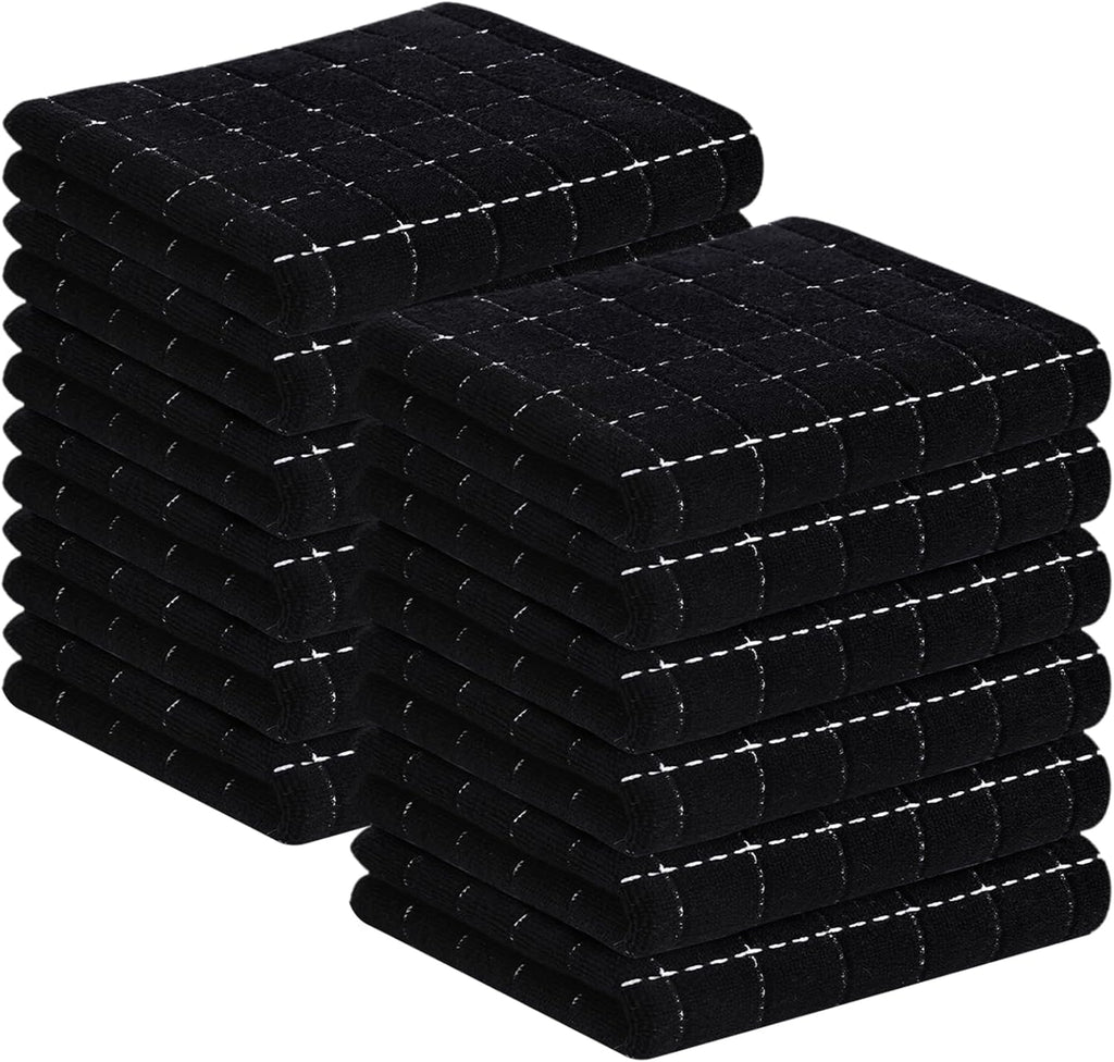 Homaxy 100% Cotton Terry Kitchen Towels(Black, 13 x 28 inches), Checkered Designed, Soft and Super Absorbent Dish Towels, 12 Pack