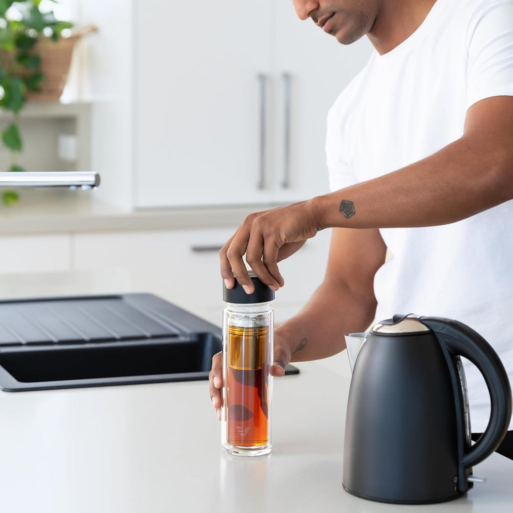 Glass Multi Tea Infuser Bottle 14oz - Double Wall Borosilicate Glass Flask | No Plastic Touches Contents | Perfect for Office or Home - Black