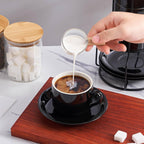 YOLIFE 8oz Porcelain Stackable Cappuccino Cups with Saucers and Metal Stand Set of 4, Coffee cups for Espresso, Specialty Coffee Drinks, Latte, Americano and Tea - Black