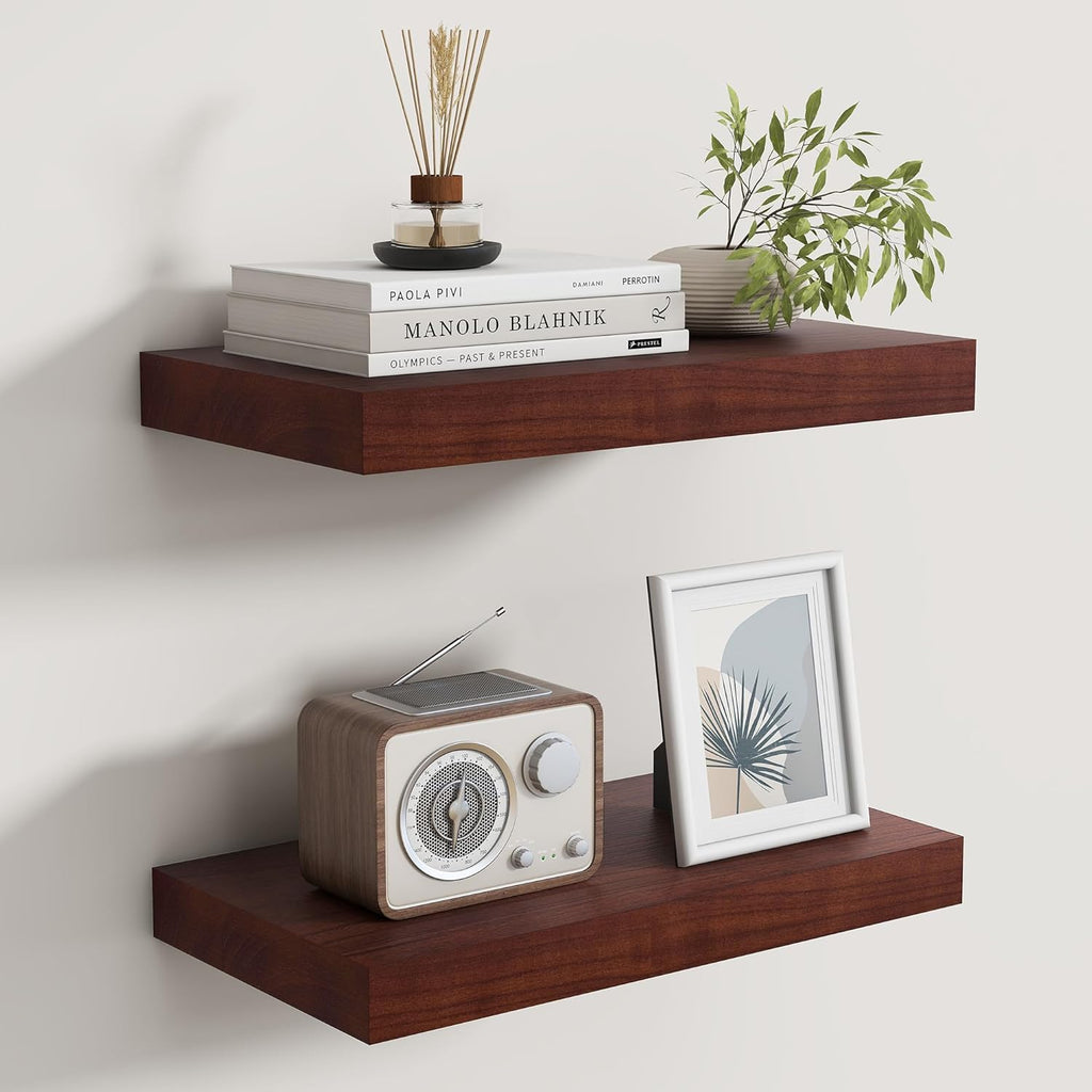 Floating Shelves for Wall, Real Wood Floating Shelf Set of 2, 8 Inch Deep Floating Shelves, Rustic Wood Wall Shelf for Home Decor, Deep Storage Shelves for Bathroom, Kitchen, 16"W x 8"D, Red Brown