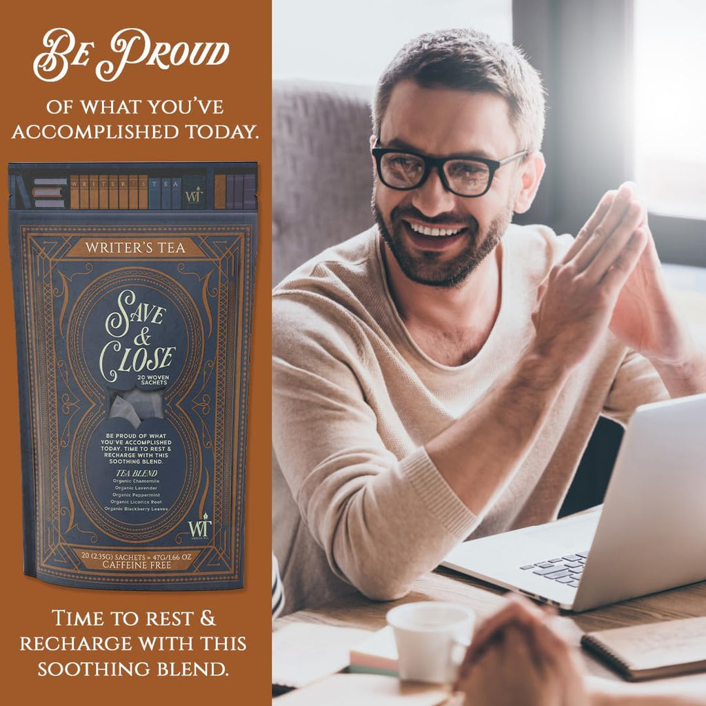 Writer's Tea Save & Close - Nighttime Tea - Chamomile, Lavender, Peppermint, Licorice Root, and Blackberry Leaves Tea Blend - Caffeine Free - 20 Woven Sachets