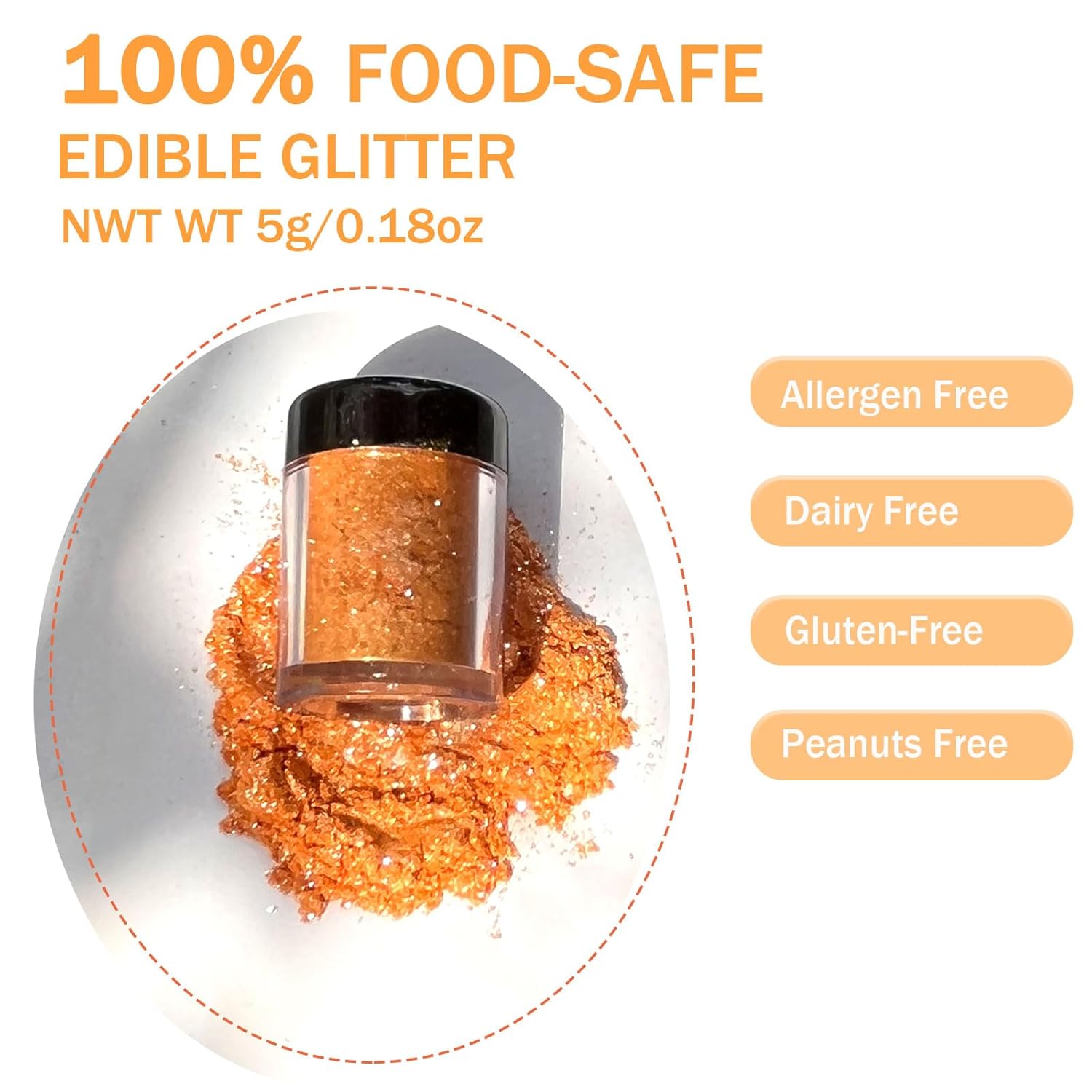 Orange Edible Glitter Glimmer Powder for Cakes Drinks - Colaele 5 grams Food Grade Luster Dust Metallic Food Decorating Sprinkle Disco Brew Dust for Cake Decorations Wine Beverage Candy Dessert, Vegan