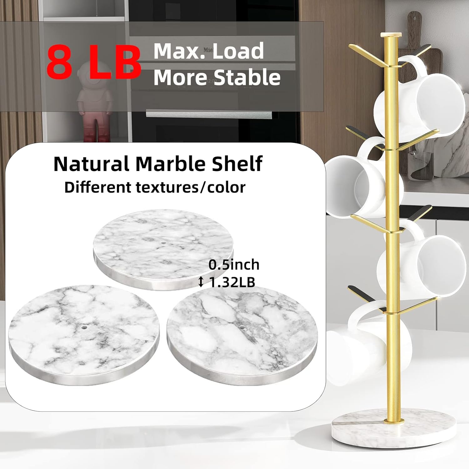 Gold Mug Holder Tree with Marble Base, 8 Hooks Coffee Cups Holder Stand, New Upgrad Stable Removable Mug Rack for Kitchen Cafe