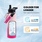 Insulated Water Bottle 40 oz, Triple Wall Vacuum Stainless Steel (Cold for 48 Hrs), Leak Proof & Non-BPA, Modern Water Flask Jug with Paracord Handle & Straw Spout Lids, Ombre Pink