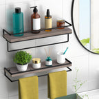 Meangood Floating Shelves Wall Mounted, Wall Shelf with Towel Bar Rustic Wood Wall Storage Shelves for Bedroom,Living Room,Bathroom, Kitchen (Set of 2/Brown)