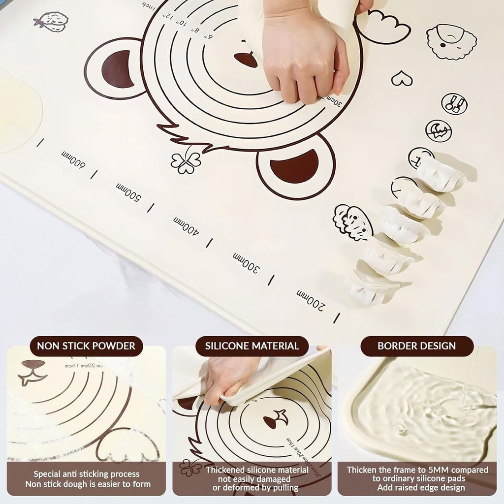 Little Bear Pastry Mat Set:Silicone Pastry Mat with Cake Scraper Rolling Pin Pastry Brush for Baking (standard, count, 3)