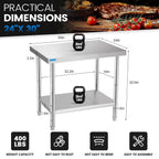 Stainless Steel Table for Prep & Work with Undershelf 24 x 36 Inches NSF Metal Commercial Kitchen Prep Table with Adjustable Under Shelf Worktable for Restaurant Home Outdoor