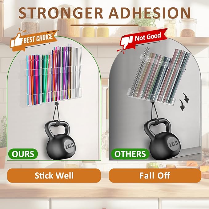 9.8” Acrylic Straw Holder with Double Sided Adhesive Tape Reusable Tumbler Straw Organizer Storage Container for Counter Cabinet Cupboard Kitchen( Large)