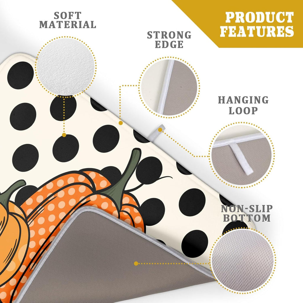 Autumn Pumpkin Dish Drying Mat for Kitchen Counter,Black Round Dot Decoration Drying Mat 18 x 24 Inch with Absorbent Reversible Microfiber Dish Drying Pad Dish Rack Drainer Mat for Coffee Bar