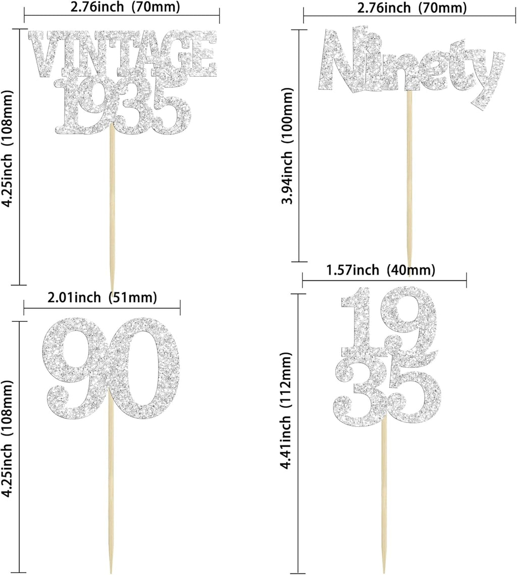 Gyufise 24Pcs 90th Birthday Cupcake Toppers Glitter Cheers to 90 Fabulous Ninety Vintage 1935 Cupcake Picks 90th Birthday Wedding Anniversary Party Cake Decorations Supplies Silver