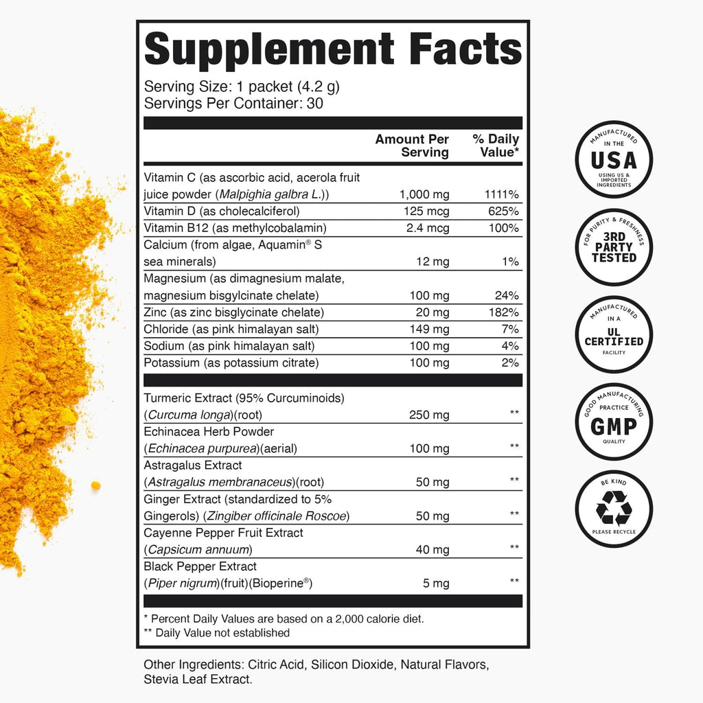 TRULEAN Everyday Wellness Shot Powder - Turmeric, Ginger, Vitamin C, Immunity & Immune Support Supplement - No Artificial Ingredients, No Sugar & Gluten Free - 30 Packets Citrus Flavor