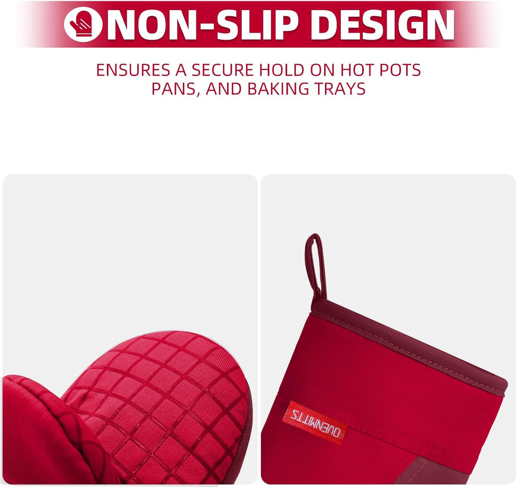 Mini Oven Mitts, Kitchen Oven Gloves Kitchen Mittens 500 Degrees Heat Resistant Baking Gloves, Non-Slip Silicone Surface with Hanging Loops Hot Gloves for Cooking, Baking, BBQ 1 Pair-Red