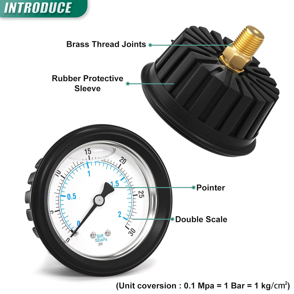 0-30PSI Stainless Steel Liquid Filled Pressure Gauge, 2.5" Dial Size, 1/4" NPT Back Mount, with Rubber Protective Sleeve, for Tube, Water Pump, Gas, Liquid, Pressure Test