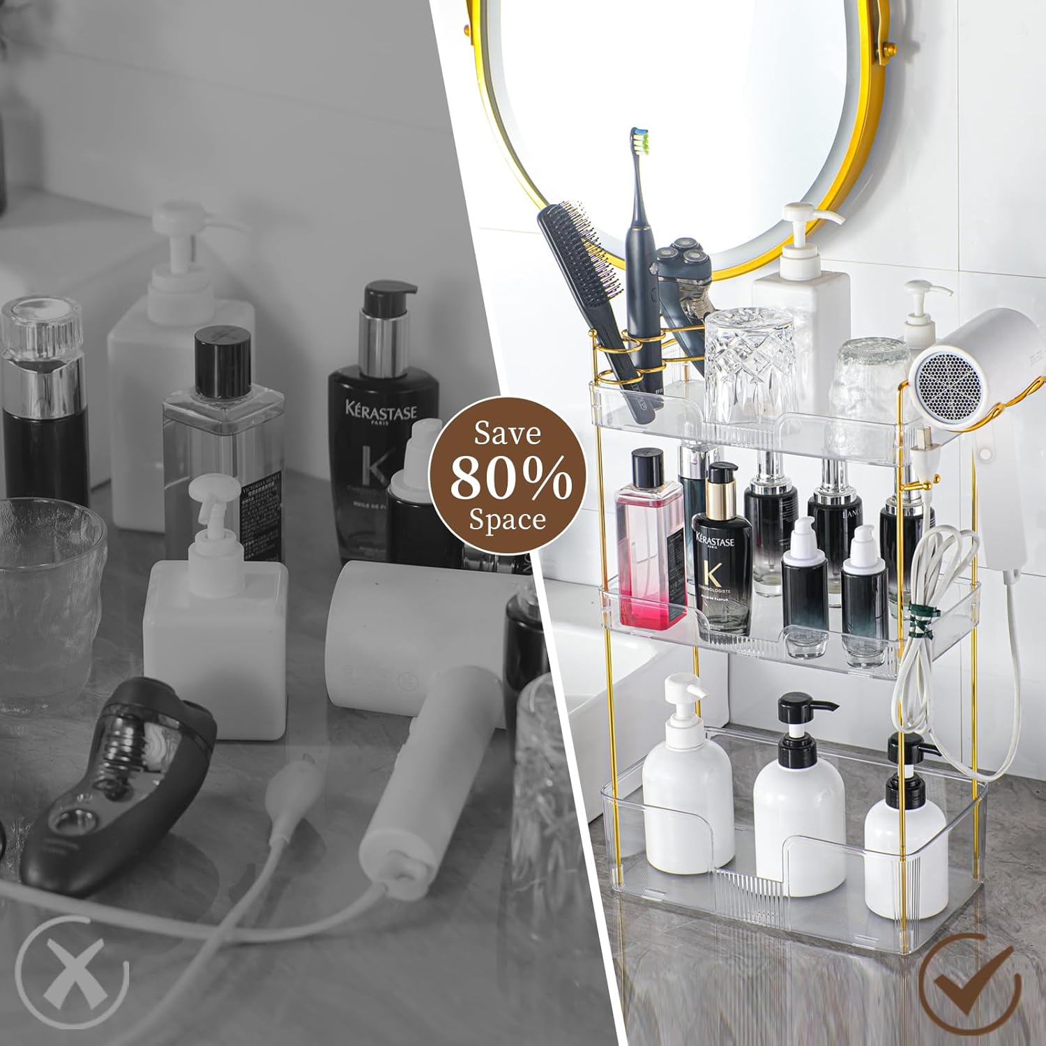 YCIA&DONE Luxury Bathroom Counter Organizer, Large Makeup Organizer Countertop, Shelf Organizer, Vanity Tray, Easily Assemble for Bathroom Organizers and Storage, Undersink, Cabinet, 3 Tiers Clear