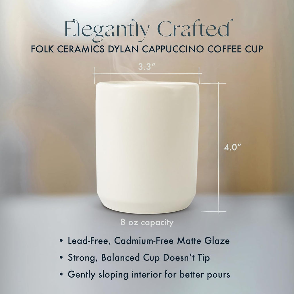 Folk Ceramics Dylan Ceramic Cappuccino Cups Set | Double Walled Ceramic Coffee Mug Set | Compact & Heat Insulated Cappuccino, Tea, Coffee & Latte Cup | 8oz, Set of 2 | Fog Grey