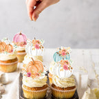 42Pcs Edible Pumpkin Cupcake Toppers Autumn Thanksgiving Theme Party Wafer Paper Flowers Pumpkin Cupcake Toppers Baby Gender Reveal Party Supplies