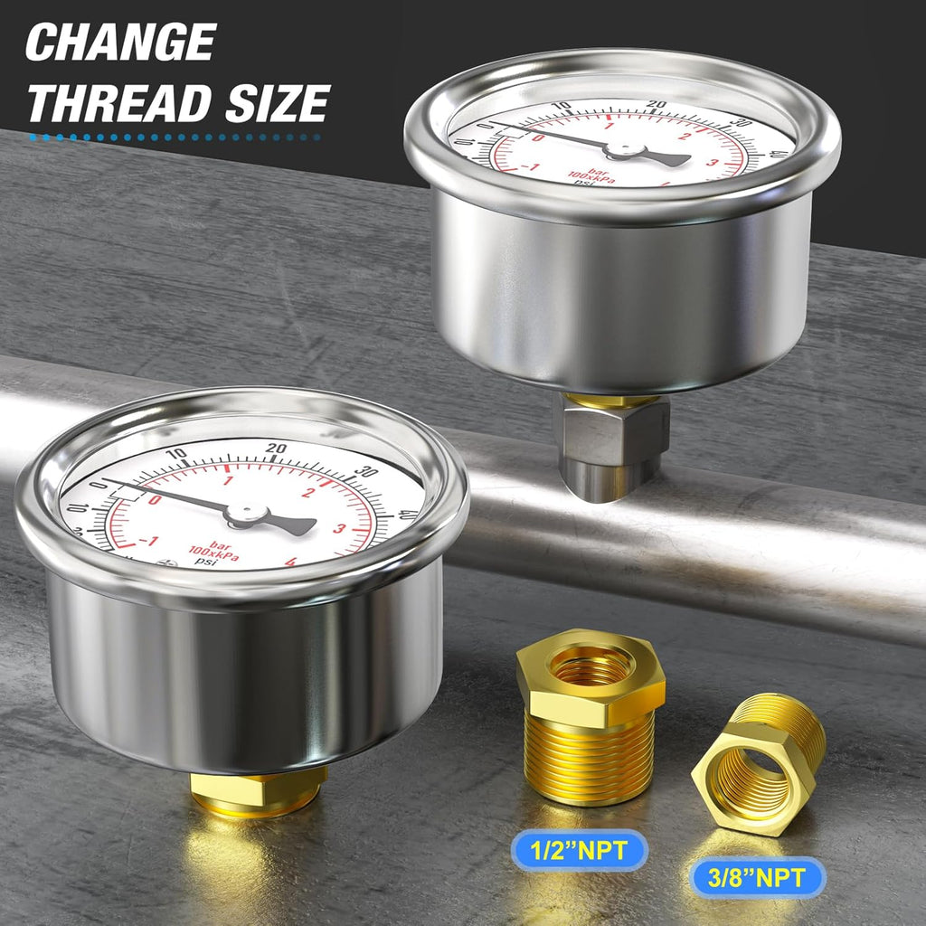 MEANLIN MEASURE -30inHG~60Psi Vacuum Gauge Stainless Steel 1/4" NPT 2" FACE DIAL Waterproof for Air Compressor HVAC Negative Pressure Hand Pump Pool Back Mount with 1/2" NPT and 3/8" NPT Hex Bushing
