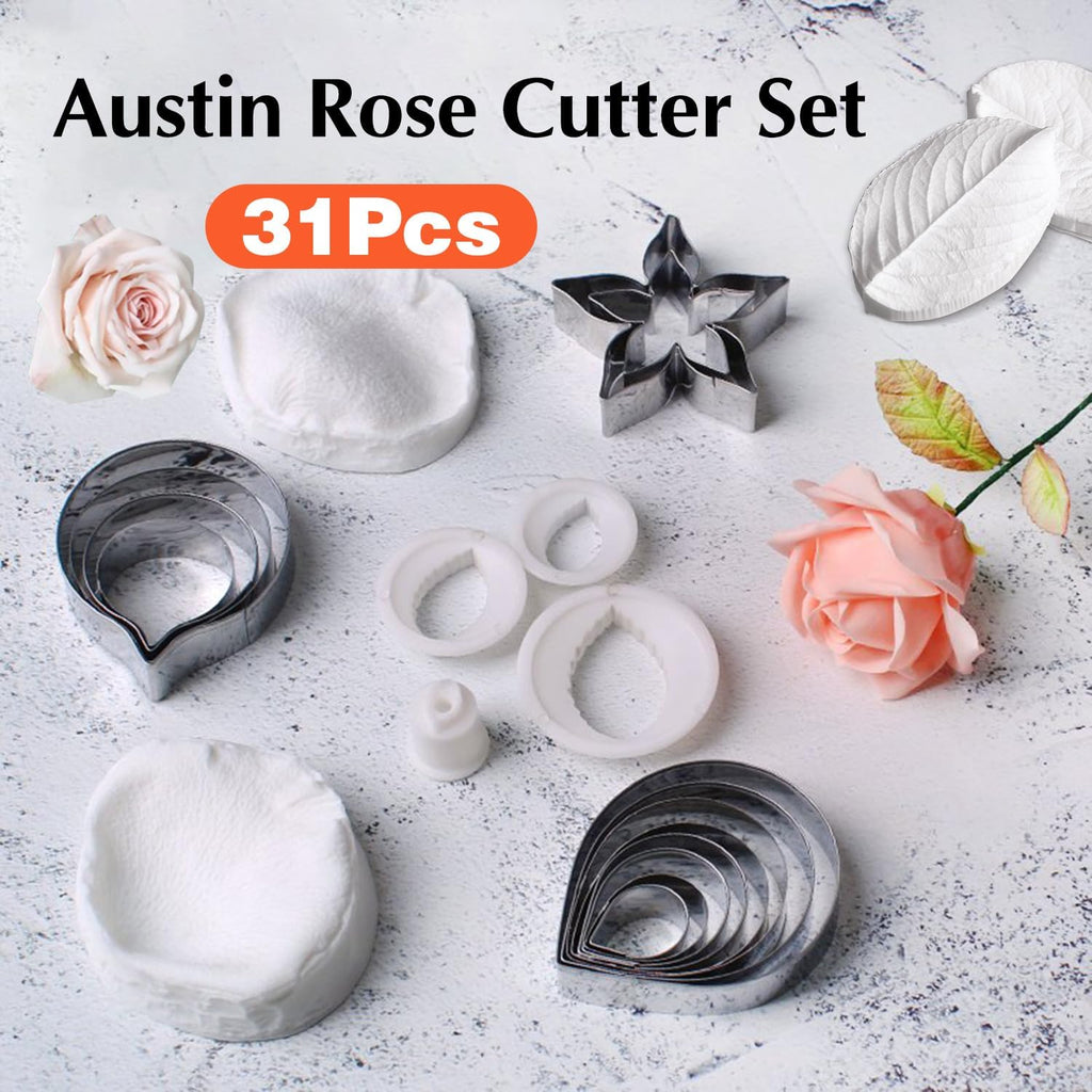 KALAIEN 31Pcs Austin Rose Cutter Set Rose Petals Silicone Fondant Mould Veining Petal Sugar Flower Making Tool