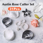 KALAIEN 31Pcs Austin Rose Cutter Set Rose Petals Silicone Fondant Mould Veining Petal Sugar Flower Making Tool