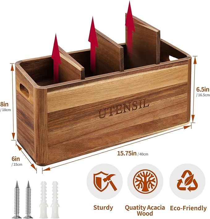 Kitchen Utensil Holder with 4 Compartments, Large Acacia Wood Utensil Caddy Storage Caddy Organizer Countertop for Flatware Silverware Fork Spoon Spatula