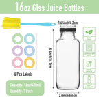 3 Pack 12oz Glass Water Bottles, 350ml Empty Glass Juice Bottles with Black Lids, Brush & Labels, Clear Reusable Drinking Jars for Juicing, Homemade Smoothies, Beverages