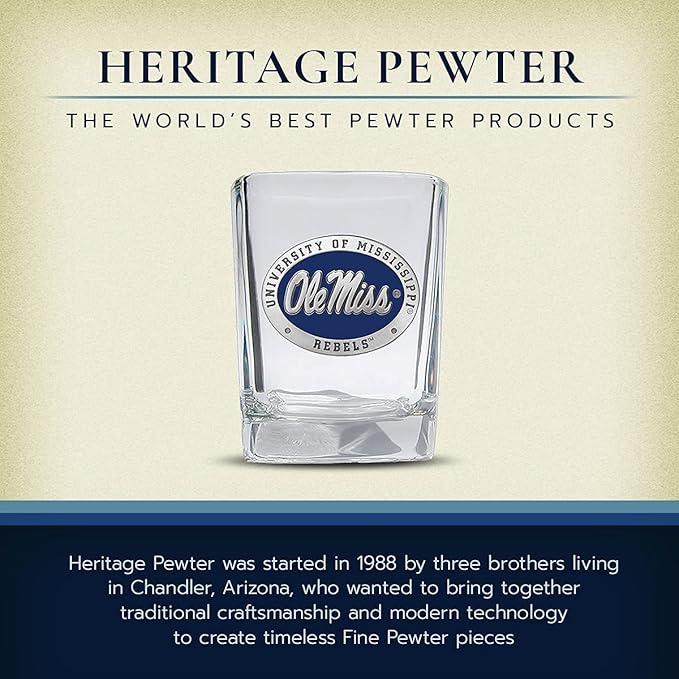 Heritage Pewter University of Mississippi Ole Miss Square Shot Glass | Hand-Sculpted 1.5 Ounce Shot Glass | Intricately Crafted Metal Pewter Alma Mater Inlay