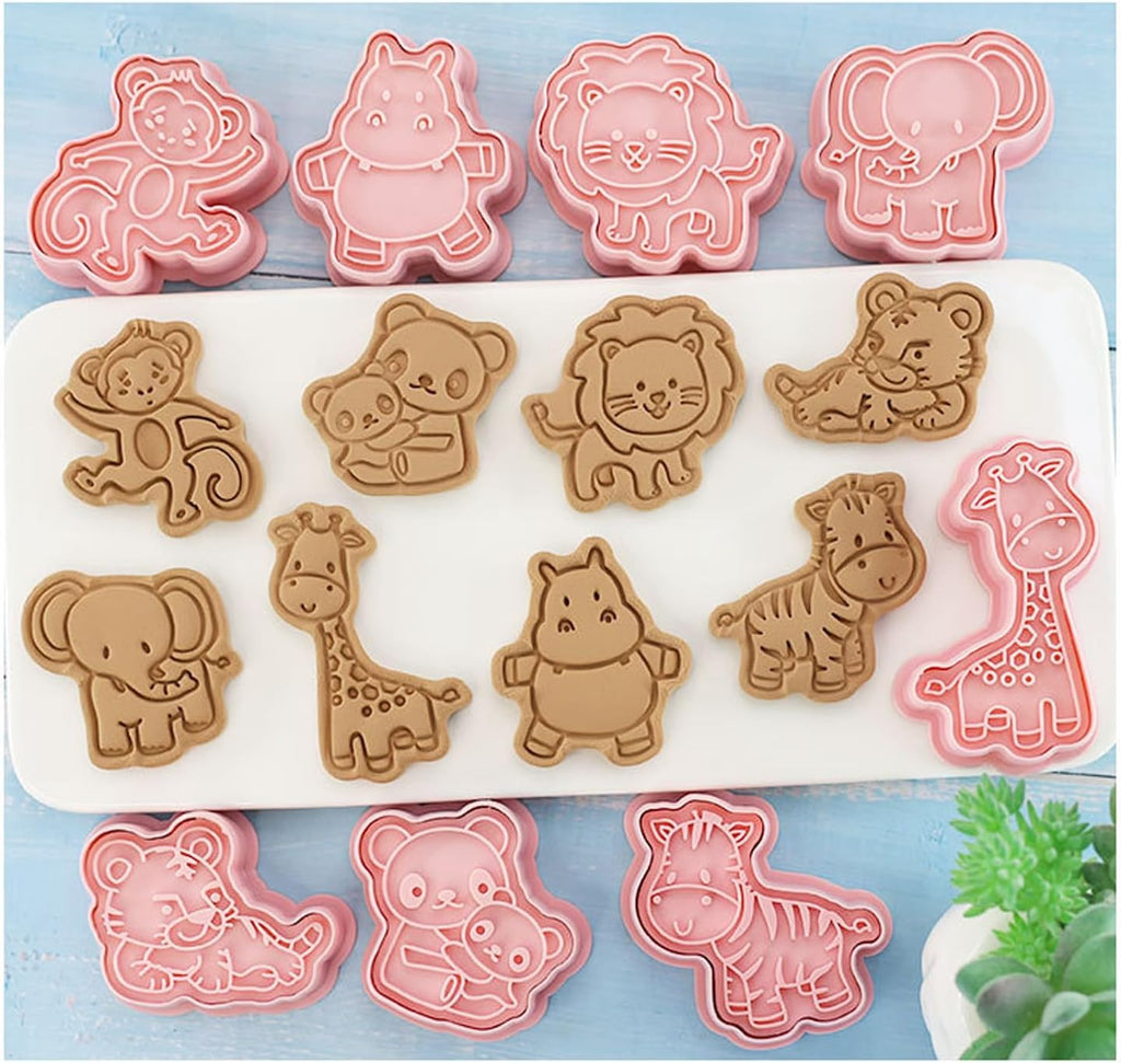 16pcs Animal Cookie Cutter Stamps Set, Lion, Panda, Forest Themed Plunger Stampers for Baking, Plastic Biscuit Molds for DIY Cookies, Cake Decor(J16)