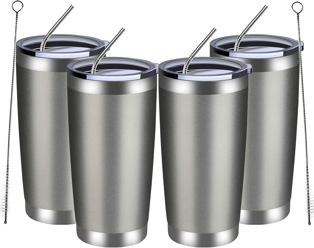 MEWAY 20oz Tumbler 4 Pack Double Wall Vacuum Insulated Travel Mug Bulk, Stainless Steel Tumblers with Lid and Straw, Durable Powder Coated Coffee Cups for Cold & Hot Drinks (Cold Gray, 4)