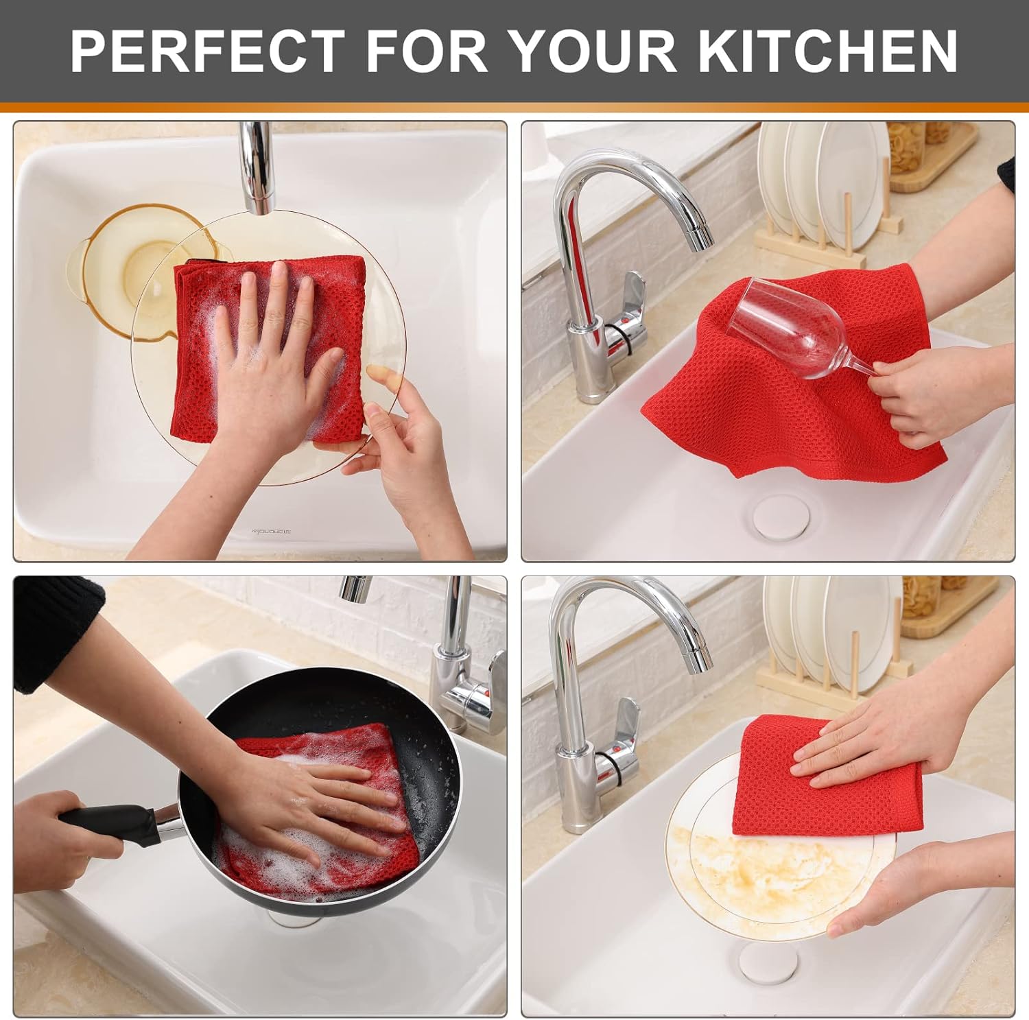 Kitinjoy 100% Cotton Kitchen Dish Cloths, 6 Pack Waffle Weave Ultra Soft Absorbent Dish Towels for Drying Dishes Quick Drying Kitchen Towels Dish Rags, 12 X 12 Inches, Red