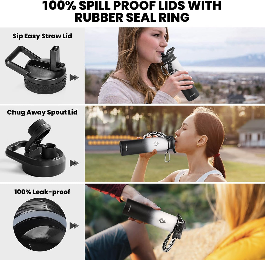 Insulated Water Bottle 24oz, Triple Wall Vacuum Stainless Steel (Cold for 48 Hrs, Hot for 24Hrs), Leak Proof & Non-BPA, 24oz Hydro Water Flask with Paracord Handle & Straw Spout Lids