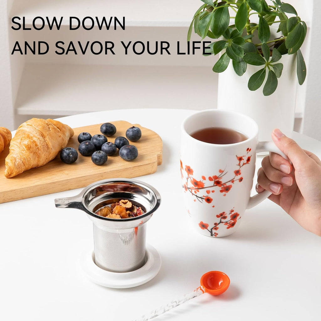 Sweejar Porcelain Tea Mug with Infuser and Lid,Teaware with Filter, Loose Leaf Tea Cup Steeper Maker, 16 Fl Oz for Tea/Coffee/Milk/Women/Office/Home/Gift (Plum Blossom)