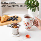 Sweejar Porcelain Tea Mug with Infuser and Lid,Teaware with Filter, Loose Leaf Tea Cup Steeper Maker, 16 Fl Oz for Tea/Coffee/Milk/Women/Office/Home/Gift (Plum Blossom)
