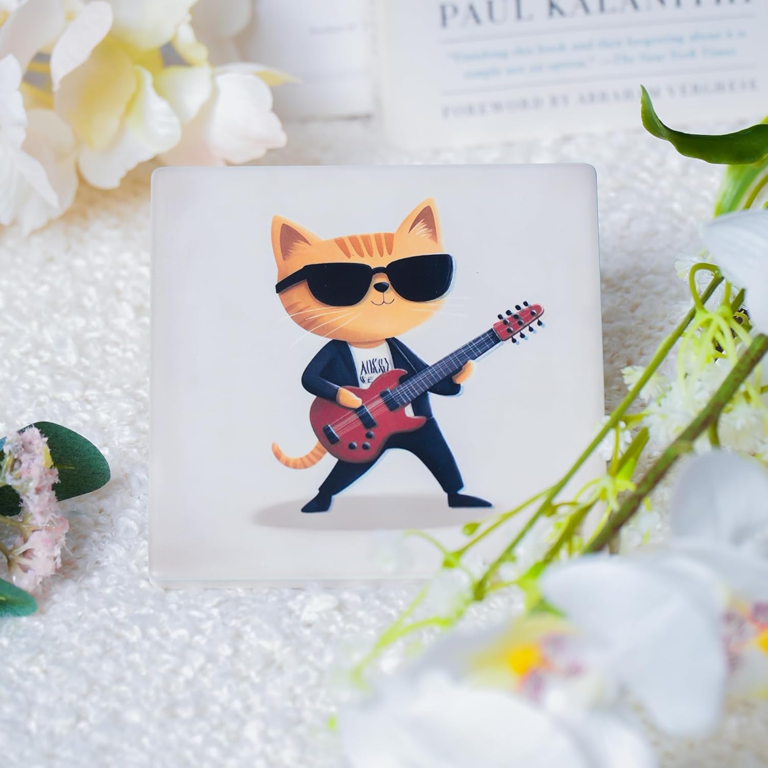 Ceramic Coasters Set of 4 – Square Drink Coasters with Cork Backing, 3.9x3.9 Inches – Decorative Printed Designs for Home, Office, or Gift Use (Musical Cats)