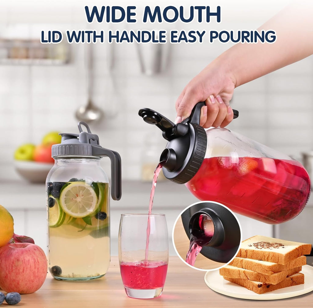 3 Packs 64OZ Glass Pitcher with Lid, Wide Mouth Mason Jar Water Jug, Leak-Proof Airtight Mason Jar for Cold Brew Coffee, Iced tea, Milk, Food Storage, Sun Tea