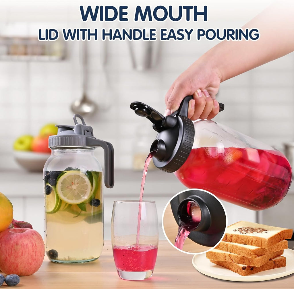 Glass Pitchers with Lid, Set of 2, 64OZ Leak-Proof Airtight Mason Jars, Wide Mouth Water Jugs for Cold Brew Coffee, Iced tea, Milk, Food Storage, Sun Tea Jar.