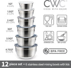 COOK WITH COLOR Stainless Steel Mixing Bowls Set with Lids - Nesting Bowls with Non-Slip Bottom, Grey, 12 Pieces