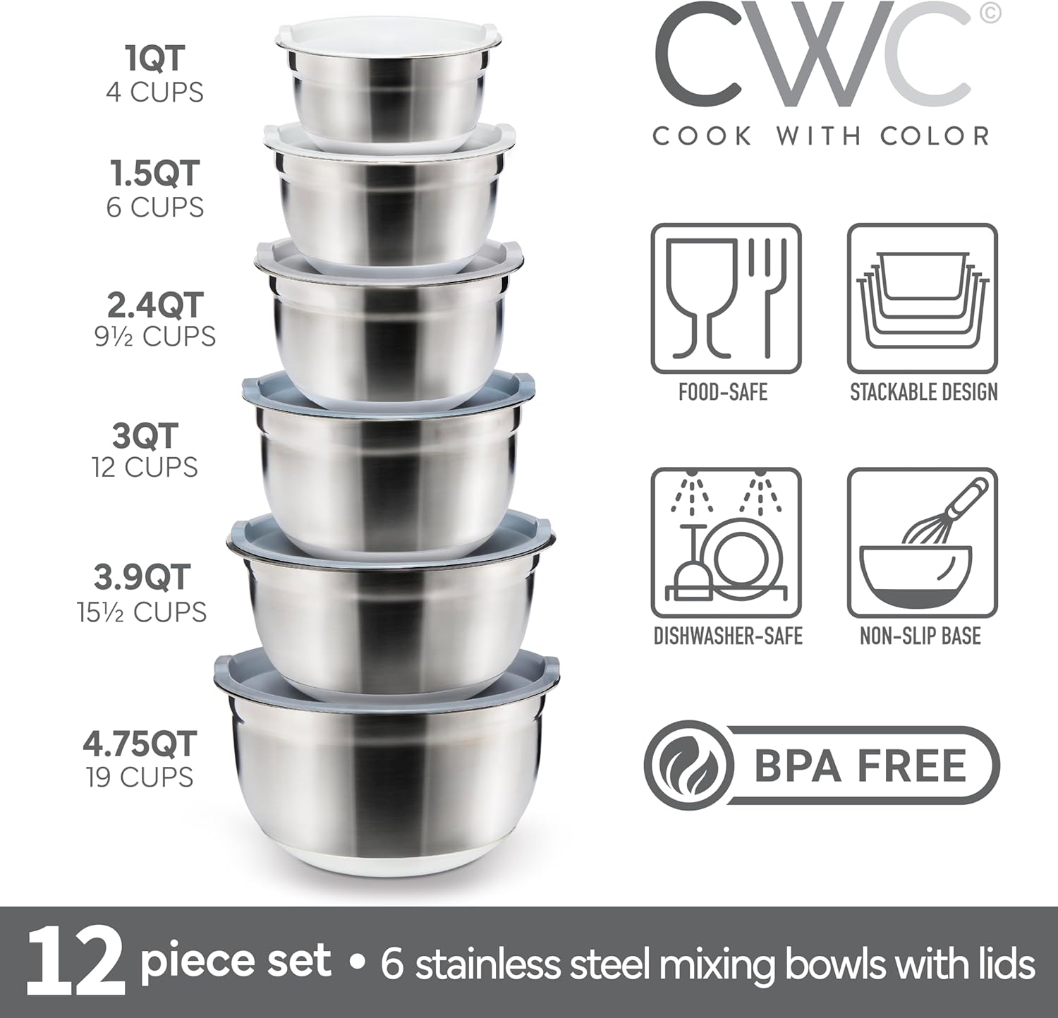 COOK WITH COLOR Stainless Steel Mixing Bowls Set with Lids - Nesting Bowls with Non-Slip Bottom, Grey, 12 Pieces