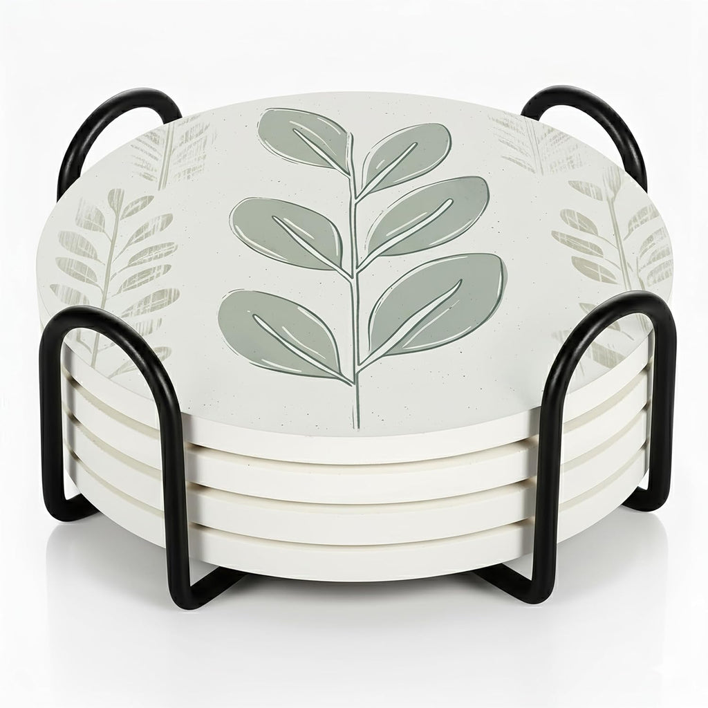 VEYRO Coasters Set of 4 for Drinks – Absorbent Ceramic Stone Drink Coasters with Cork Backing for Coffee Table & Desk, Modern Boho Look Cup Coaster Set, Housewarming Gift for New Home