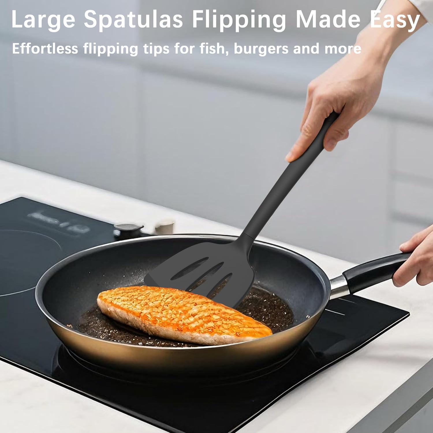 Coukre Silicone Spatula Set of 3, High Heat Resistant, BPA-Free, Kitchen Utensils, Fish Spatula, Solid & Slotted Turner for Non-Stick Pans, Flipping Eggs, Pancakes, Fish, Burgers (3, PureBlack)