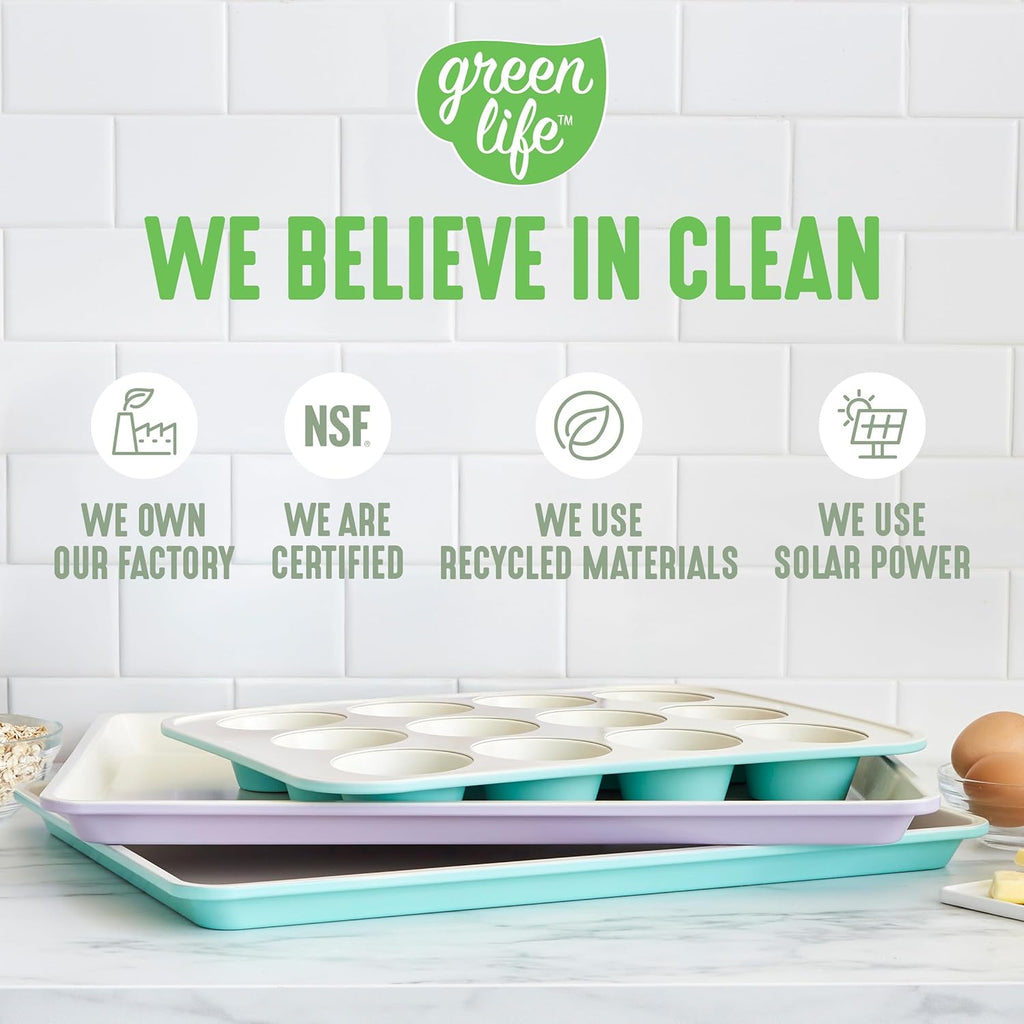 GreenLife Bakeware 18” x 13” Half Cookie Sheet Baking Pan, Non-Toxic PFAS-Free Healthy Ceramic Nonstick, Oven Safe to 450°F, Easy Release, Even Heating, Easy Clean, Sage