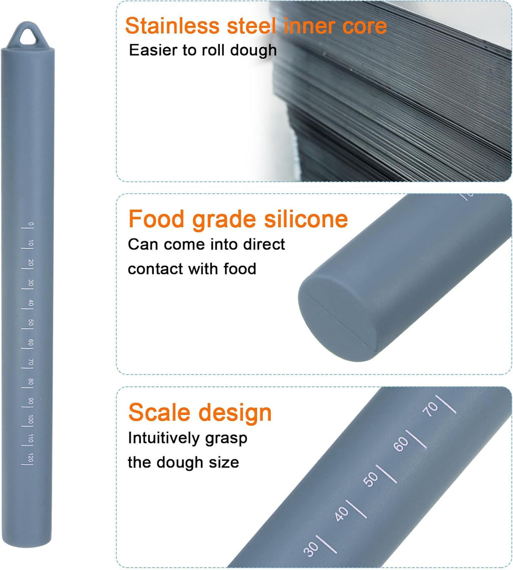 HARFINGTON 2pcs Silicone Rolling Pin 10" Stainless Silicone Surface Non-Stick Stainless Steel Inner Core Dough Roller Kitchen Roller for Baking Pastry Pizza Fondant Bread, Blue,Green