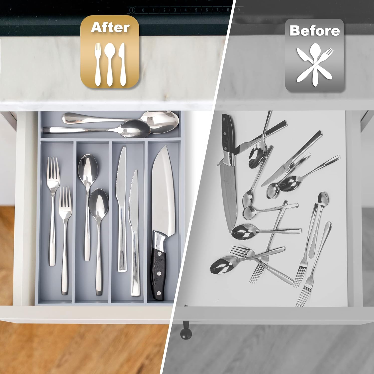 Bamboo Silverware Holder - Drawer Organizer with 5 Slots (Gray)