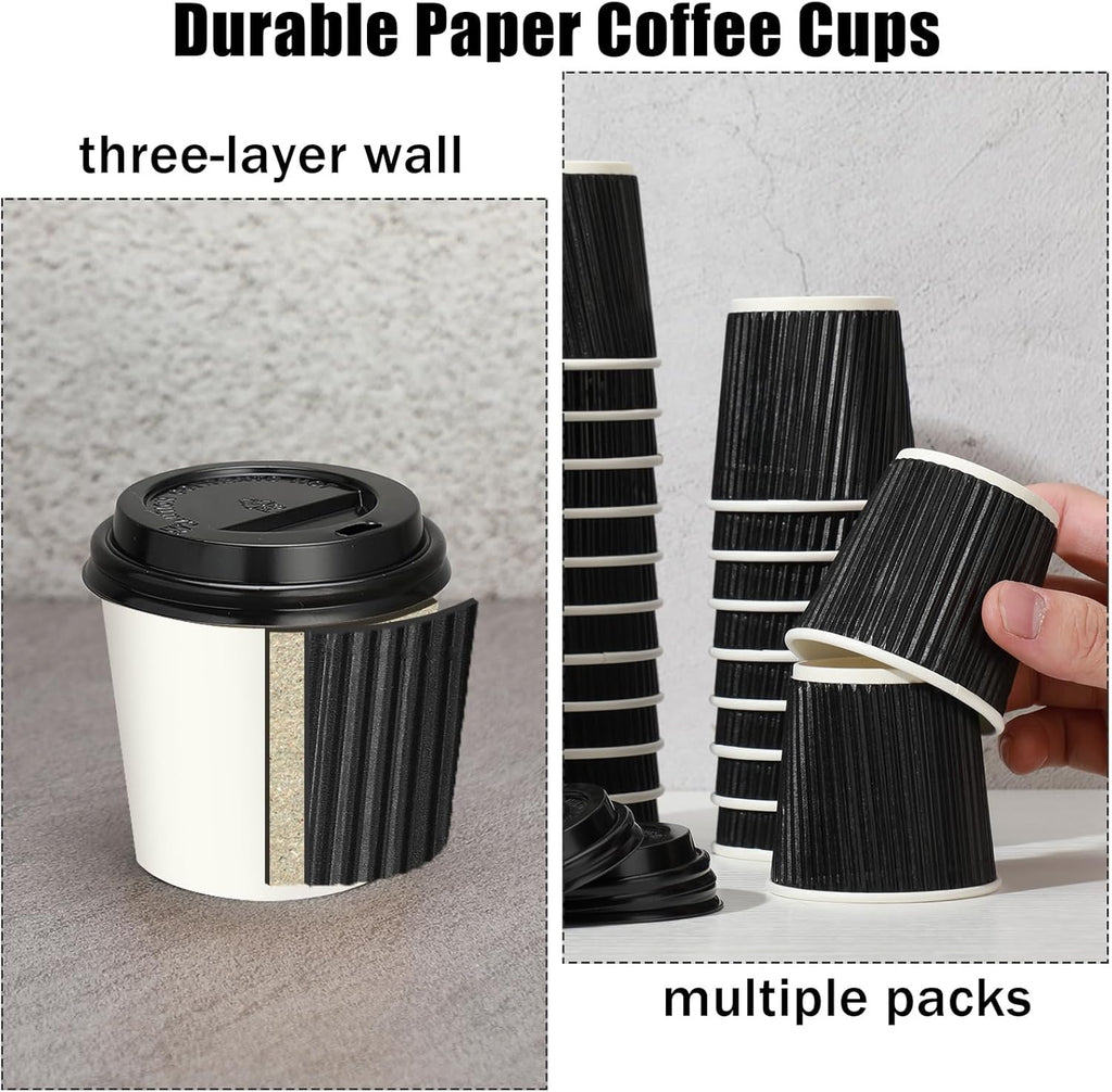 Uiifan 100 Set 4oz Disposable Espresso Cups with Lids Ripple Corrugated Paper Disposable Coffee Insulated Hot Ripple Cups for hot Chocolate, Tea, and Cocoa Drinks(Black)