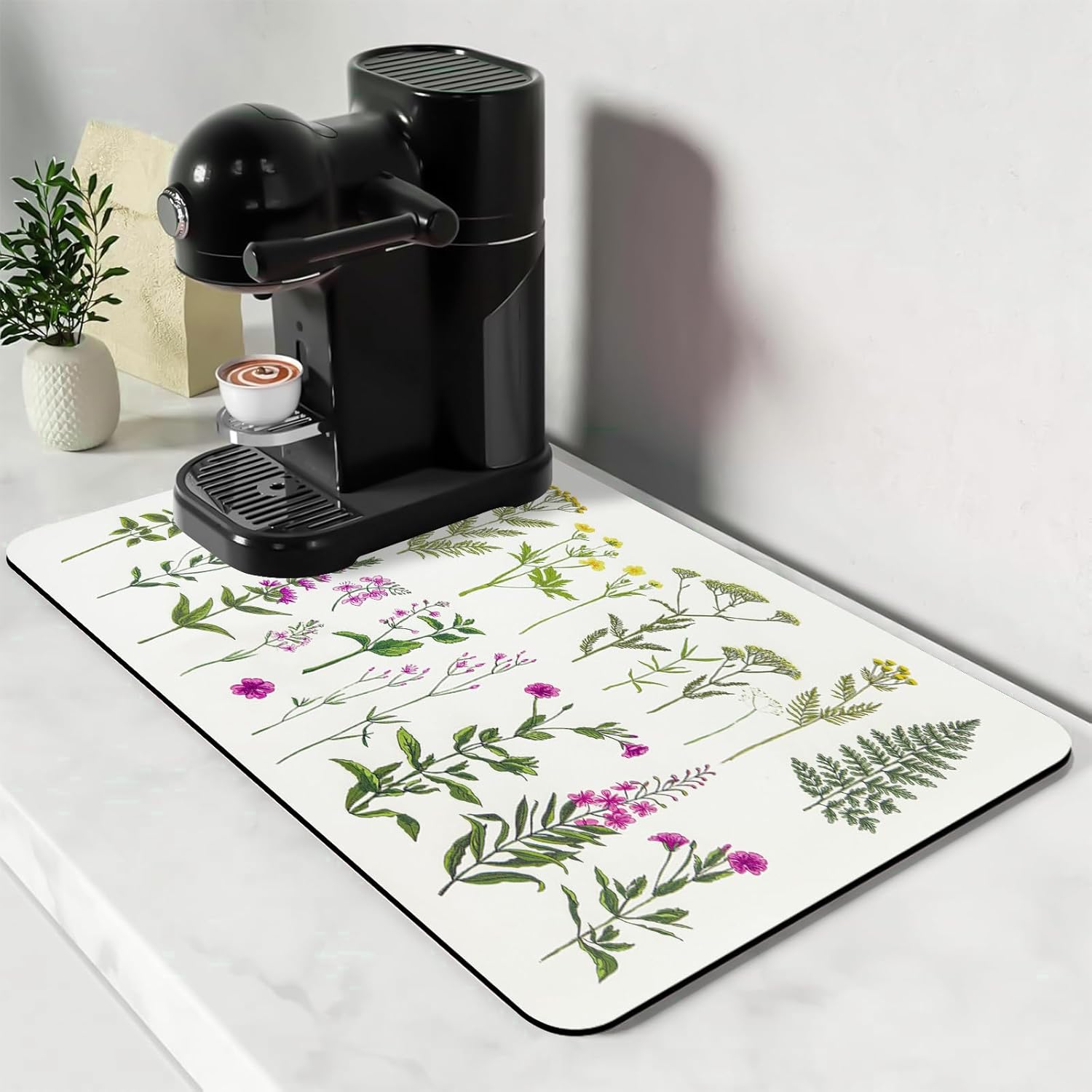 Bloss Dish Drying Mat, Multiple Usage Coffee Bar Mat, Kitchen Counter Mat, Absorbent Hide Stain Rubber Backed Dish Drying Pad(16.1"x24.1", 2-Row Flower)